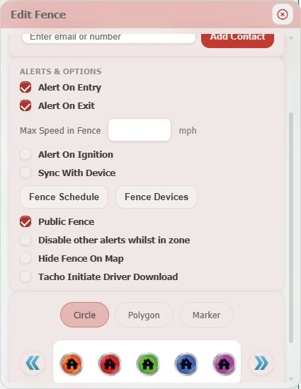 Cropped actual GTrak fence dialog showing alert options, device and schedule controls and circle, polygon and marker choices