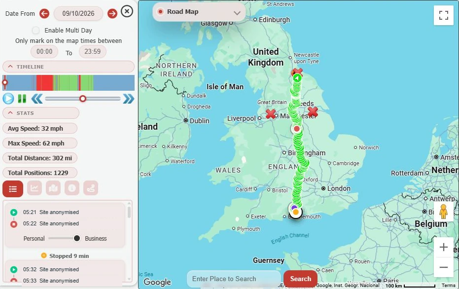 Actual GTrak journey replay with playback controls, a coloured timeline and route map; site addresses permanently anonymised