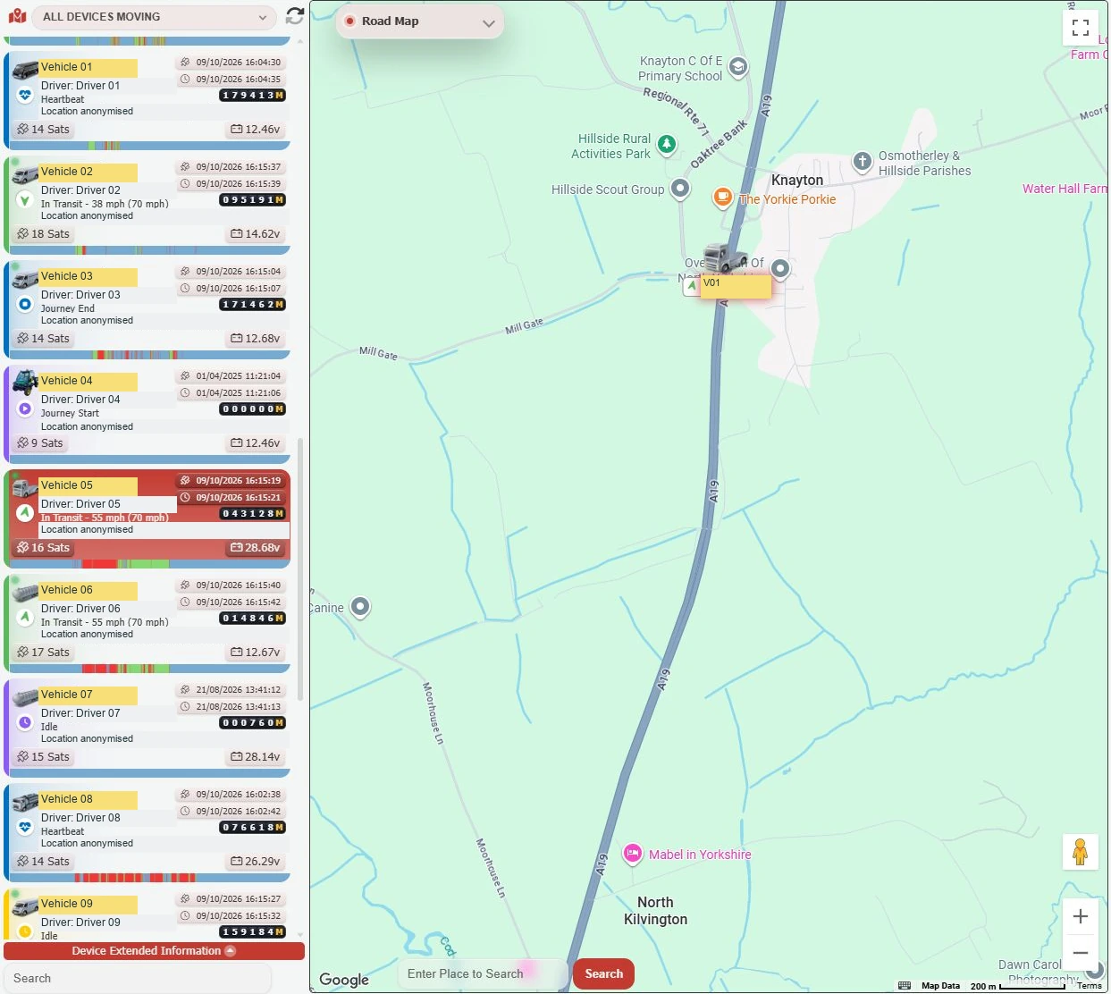 GTrak live tracking map with permanently anonymised vehicle, driver and location labels