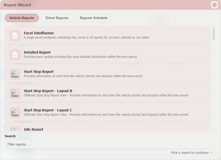 Real GTrak report wizard showing vehicle reports, driver reports, scheduling and report descriptions